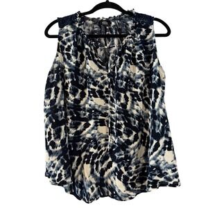 Boboau Women's 1X Sleeveless‎ Blue White Animal Print Tie Neck Blouse